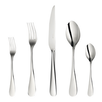 The Christofle Origine Flatware 5 Piece Setting in stainless steel includes a salad fork, dinner fork, dinner knife, soup spoon, and teaspoon, all displayed side by side on a white background.