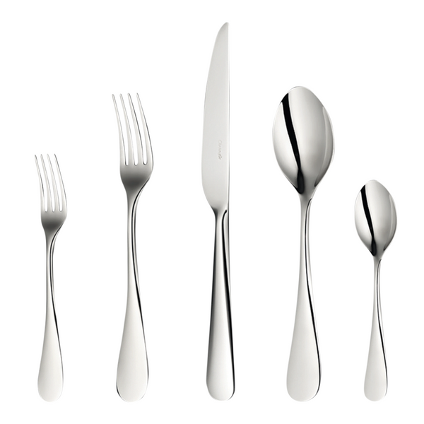 The Christofle Origine Flatware 5 Piece Setting in stainless steel includes a salad fork, dinner fork, dinner knife, soup spoon, and teaspoon, all displayed side by side on a white background.