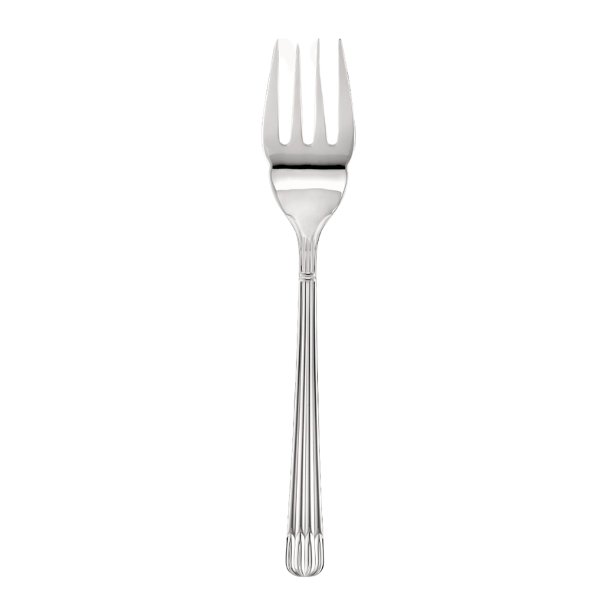 The Christofle Osiris Stainless Steel Serving Fork features three wide prongs and a decorative ridged handle, shown on a white background.