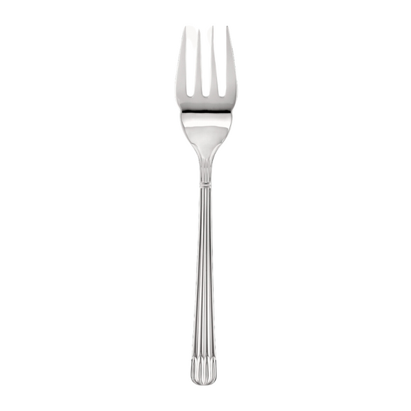 The Christofle Osiris Stainless Steel Serving Fork features three wide prongs and a decorative ridged handle, shown on a white background.