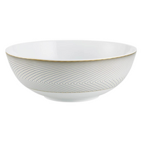 The Oskar Dinnerware bowl by Raynaud is crafted from white Limoges porcelain and showcases a subtle gold and gray chevron design on the exterior, finished with a thin gold rim at the top.
