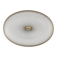 The Oskar Dinnerware by Raynaud features a swirling geometric design of black lines radiating from a beige center, evoking Limoges porcelain on a white background.