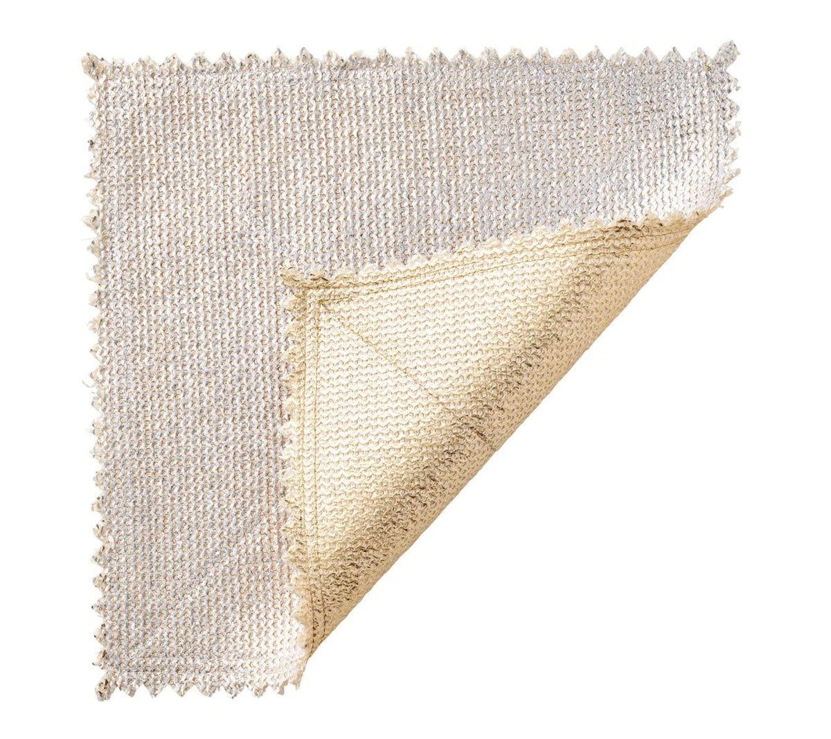 Kim Seybert Stamped Reversible Placemat Silver & Gold set of 4 square placemats, shown folded at the corner to reveal the silver top and gold underside.