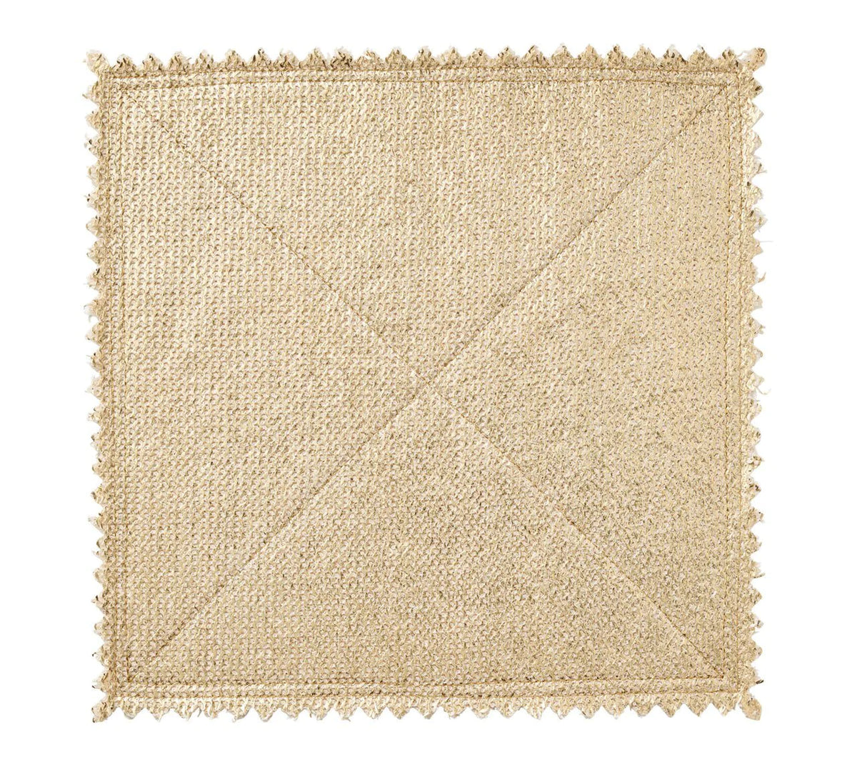 Square Kim Seybert Stamped Reversible Placemat Silver & Gold with a metallic gold textured surface, diagonal stitching, and scalloped edges.