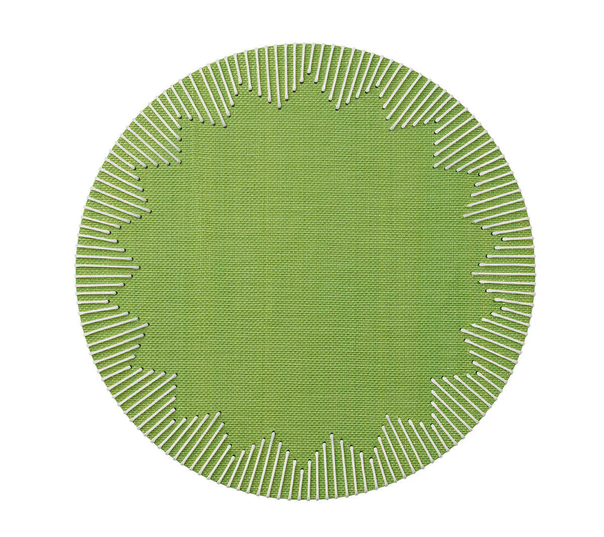 The Kim Seybert Dream Weaver Placemat Set of 4 in green and white features a textured round design with a zigzag starburst border, adding stylish flair to your table setting.