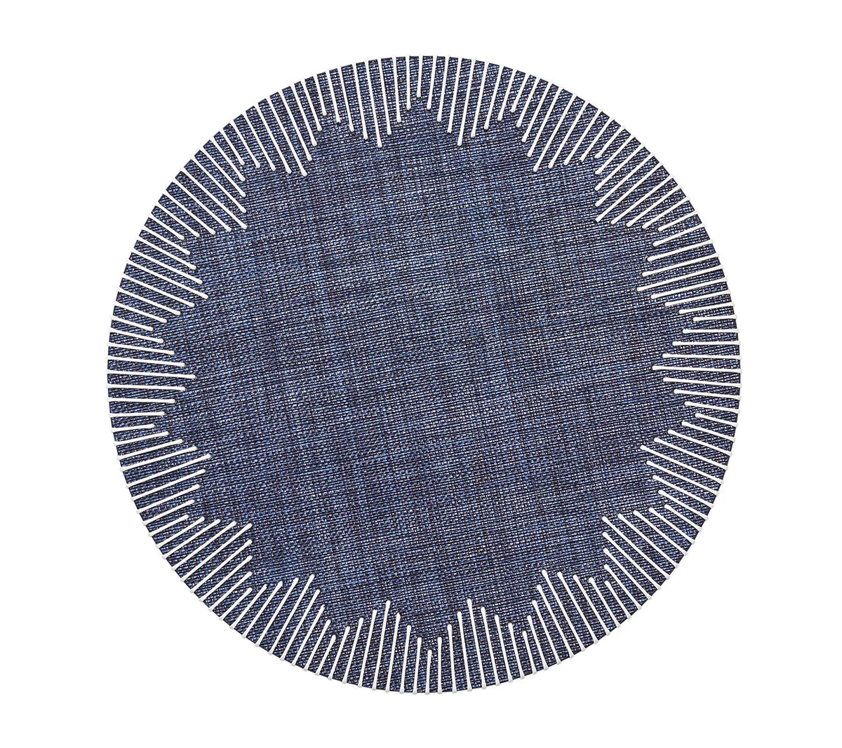 The Kim Seybert Dream Weaver Placemat Set of 4 in Navy & White features round placemats with a zigzag inner pattern and radiating white border lines for a striking sunburst effect against a plain background.