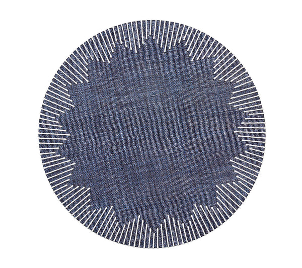 The Kim Seybert Dream Weaver Placemat Set of 4 in Navy & White features round placemats with a zigzag inner pattern and radiating white border lines for a striking sunburst effect against a plain background.