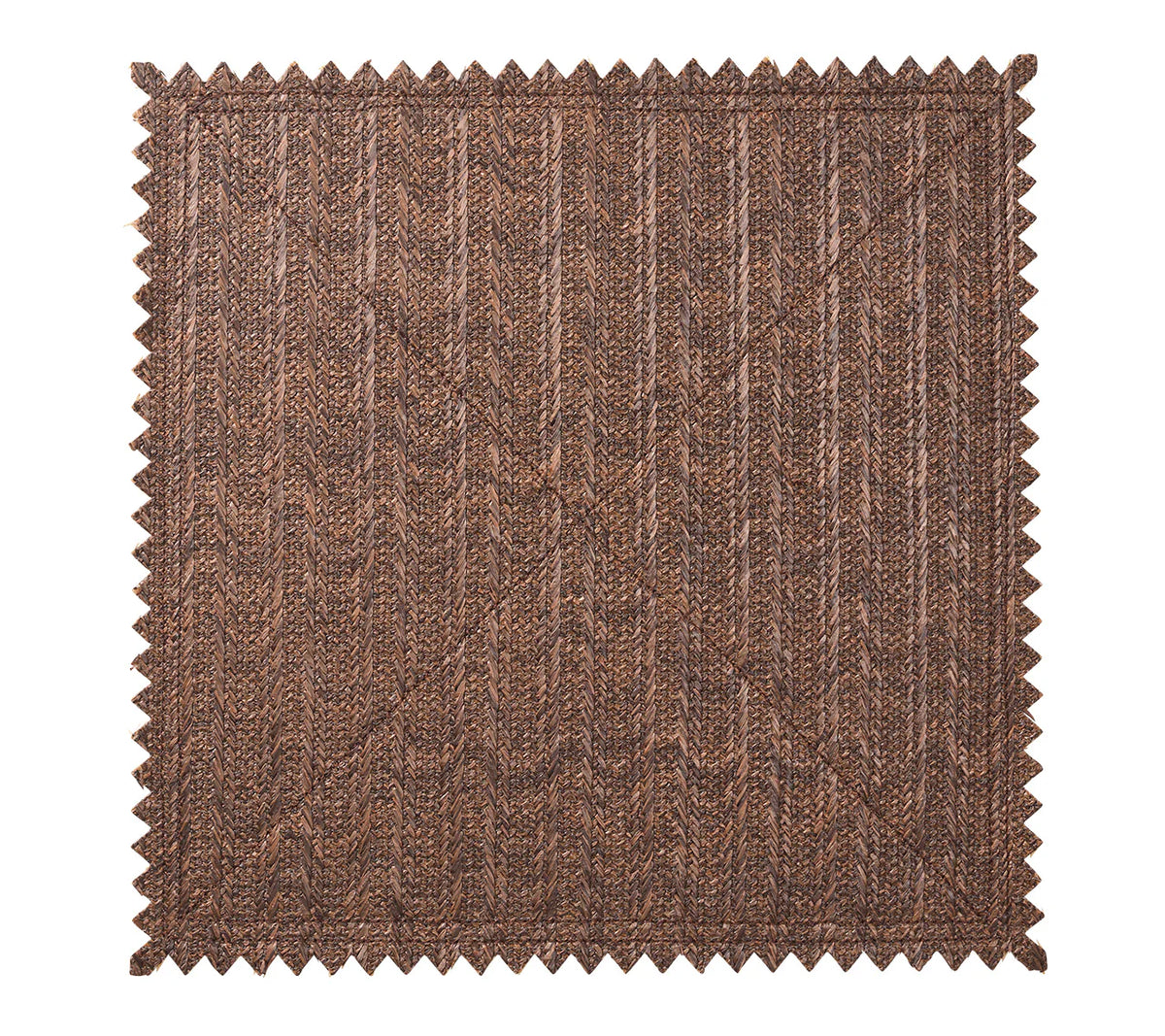 The Vista Reversible Placemat s/4 - Natural & Brown by Kim Seybert features a brown rectangular woven fabric with a chevron pattern and zigzag-cut edges, resembling a basketweave or faux raffia placemat.