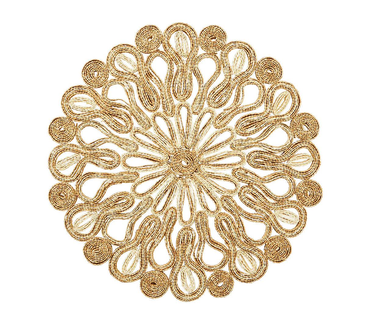 The Kim Seybert Marisol Placemat Set of 4 in Ivory & Natural features intricately woven round mats with a symmetrical, looping textured design—ideal for adding natural elegance to any table setting.