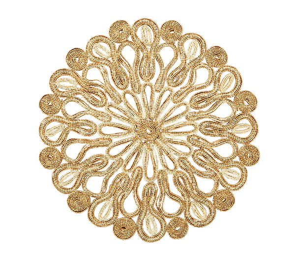 The Kim Seybert Marisol Placemat Set of 4 in Ivory & Natural features intricately woven round mats with a symmetrical, looping textured design—ideal for adding natural elegance to any table setting.