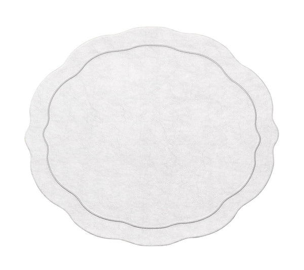 The Kim Seybert Tailored Placemat Set of 4 in Silver features round, white paper placemats with scalloped edges and a double-lined border, styled to evoke the elegance of silver, set against a plain background.