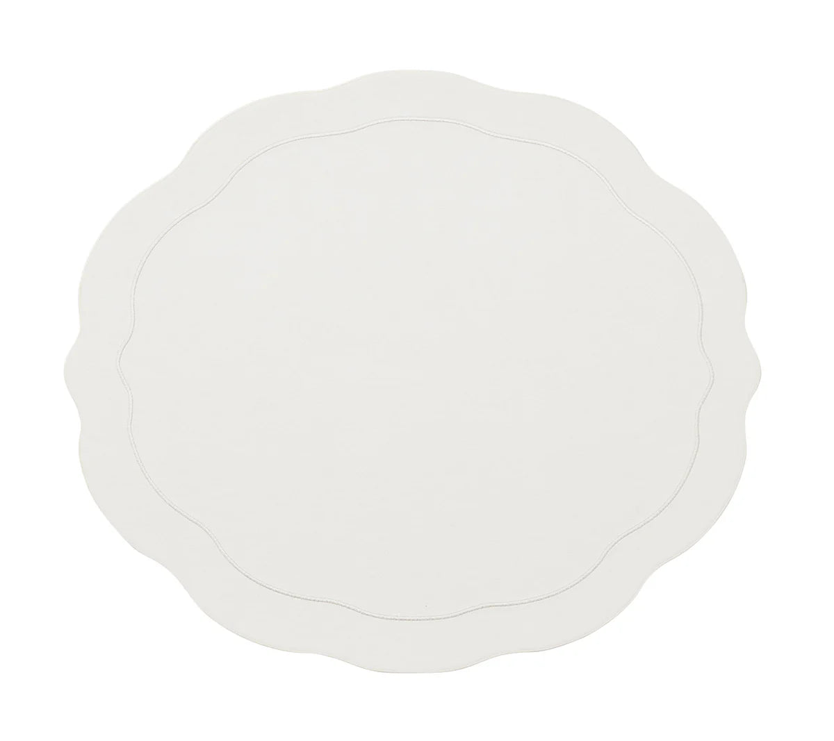 The Kim Seybert Tailored Placemat s/4 in White features a round shape with a wavy, scalloped edge and a subtle inner outline, shown here against a plain white background.