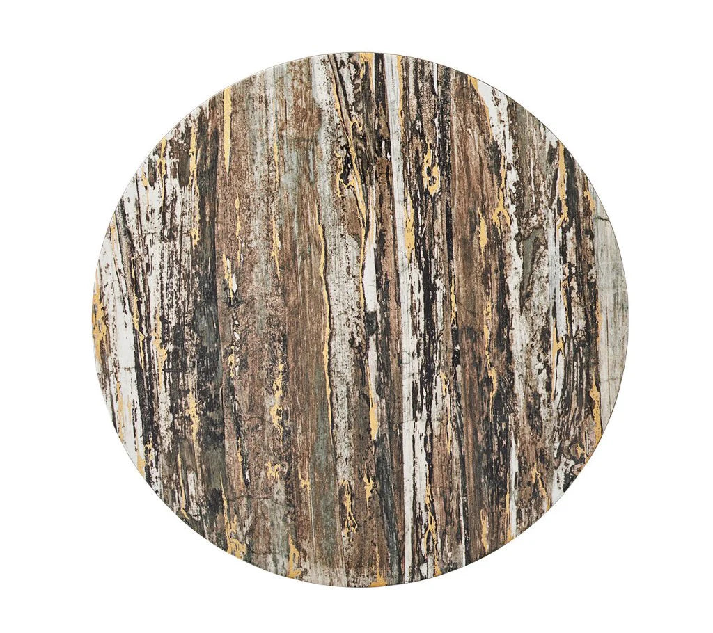 The Kim Seybert Weathered Pine Placemat Ivory and Natural Set of 4 features a round, wood grain design in brown, tan, gray, and yellow tones, adding rustic charm to your dining decor on a crisp white background.