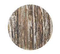 The Kim Seybert Weathered Pine Placemat Ivory and Natural Set of 4 features a round, wood grain design in brown, tan, gray, and yellow tones, adding rustic charm to your dining decor on a crisp white background.