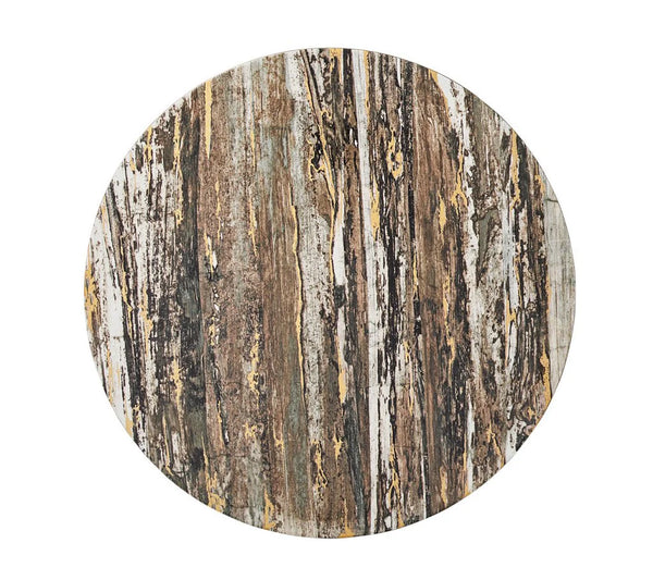 The Kim Seybert Weathered Pine Placemat Ivory and Natural Set of 4 features a round, wood grain design in brown, tan, gray, and yellow tones, adding rustic charm to your dining decor on a crisp white background.