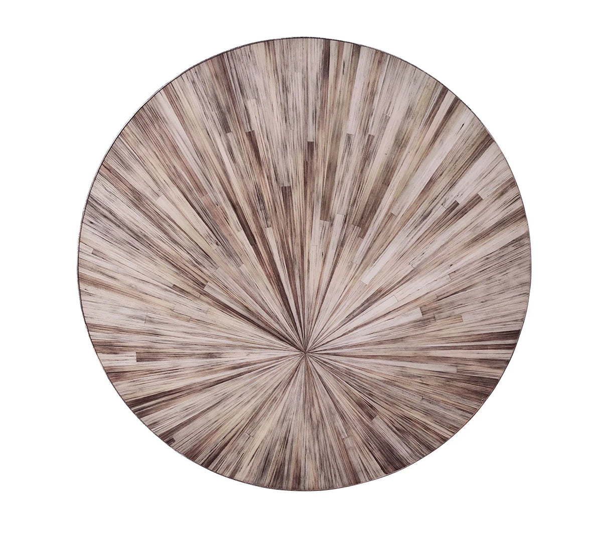 The Kim Seybert Aura Placemat Grey Set of 4 features round, flat straw marquetry placemats with a sunburst pattern in grey and neutral tones radiating outward from the center.