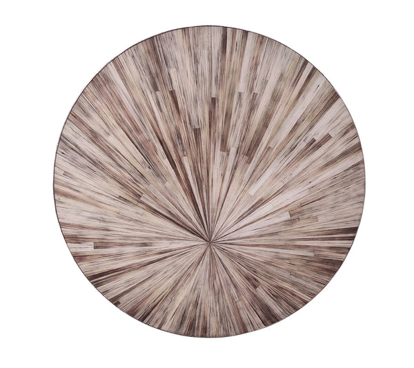 The Kim Seybert Aura Placemat Grey Set of 4 features round, flat straw marquetry placemats with a sunburst pattern in grey and neutral tones radiating outward from the center.