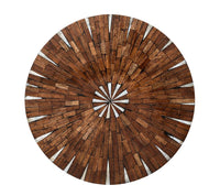 Drawing inspiration from artisanal modern design, the Kim Seybert Halo Placemat Set of 4 in Brown and White features round wooden segments arranged radially with contrasting lighter sections, creating a striking sunburst pattern reminiscent of a star-like motif at the center.
