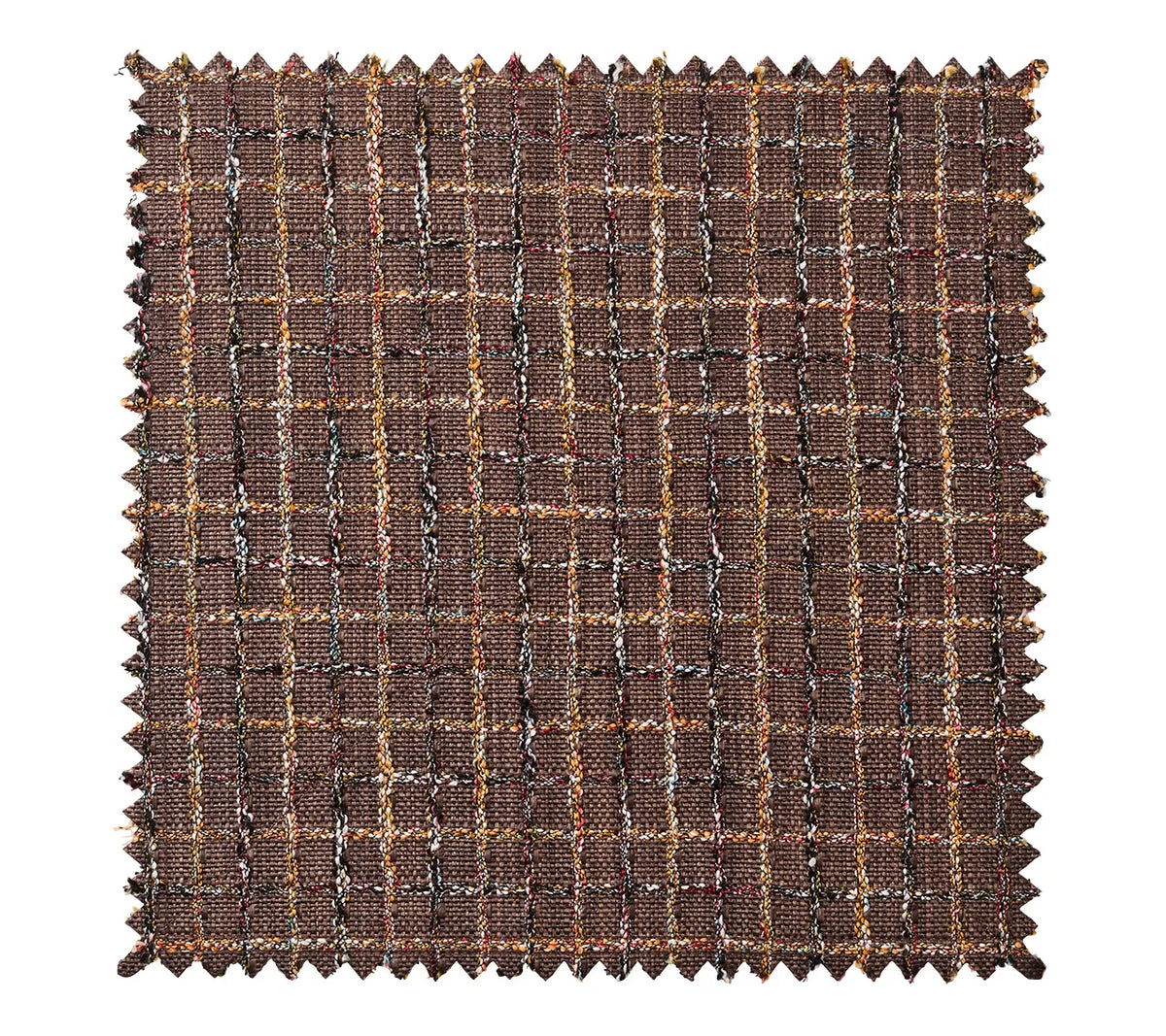 Square brown Kim Seybert Boucle Reversible Placemat set of 4 - Brown / Multi swatch with a multicolored grid pattern, pinked edges, and a stylish boucle texture.