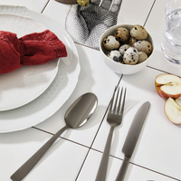 A table setting featuring a Sambonet Flat PVD Flatware 5 Piece Setting in Black, white plate, red napkin, spoon, fork, knife, small bowl of quail eggs, glass of water, sliced apple on white tiles with a black and white hand illustration.