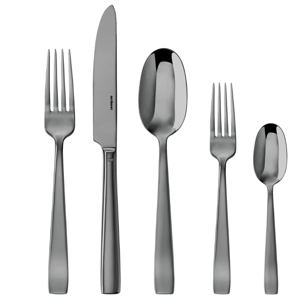 Five pieces of Sambonet Flat PVD Flatware 5 Piece Setting - Black, including a large fork, knife, large spoon, small fork, and small spoon with a sleek modern look displayed on a white background.