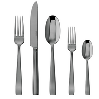 Five pieces of Sambonet Flat PVD Flatware 5 Piece Setting - Black, including a large fork, knife, large spoon, small fork, and small spoon with a sleek modern look displayed on a white background.