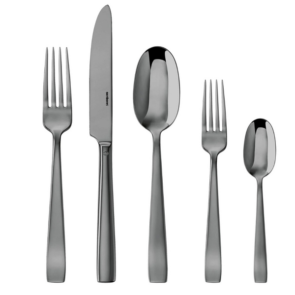 Five pieces of Sambonet Flat PVD Flatware 5 Piece Setting - Black, including a large fork, knife, large spoon, small fork, and small spoon with a sleek modern look displayed on a white background.