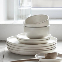 A stack of Costa Nova's Pacifica Vanilla Dinnerware plates with two matching bowls are set on a white surface near a sunlit window, accompanied by a wooden spoon and an extra plate for a serene tabletop scene.