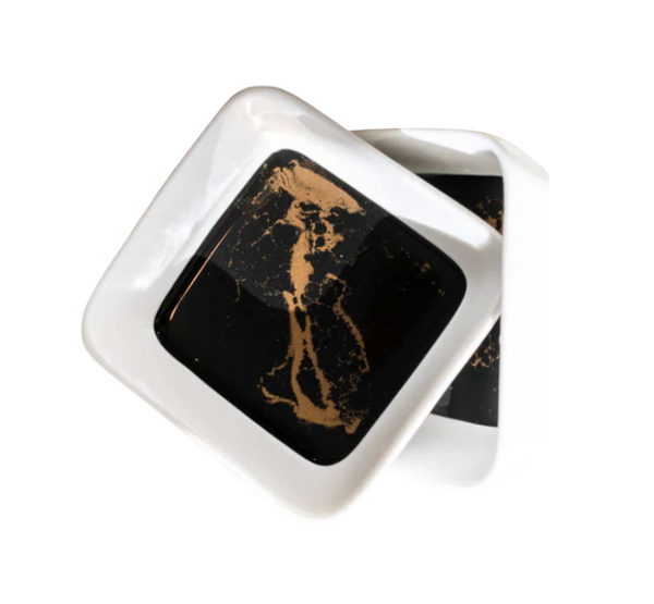 Two Painted Dip Bowls - Black Ember by Lynn & Liana Serveware, one slightly overlapping the other, each filled with a dark liquid swirled with tan seasoning, set on a clean white background.