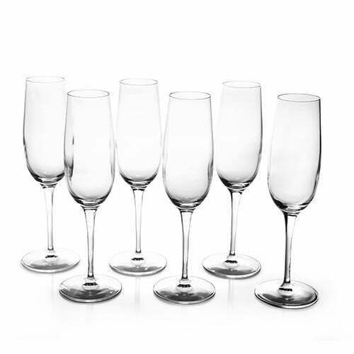 The Luigi Bormioli Palace Flute Set of 6 features clear, long-stemmed champagne glasses made in Italy, elegantly arranged in two rows on a plain white background.