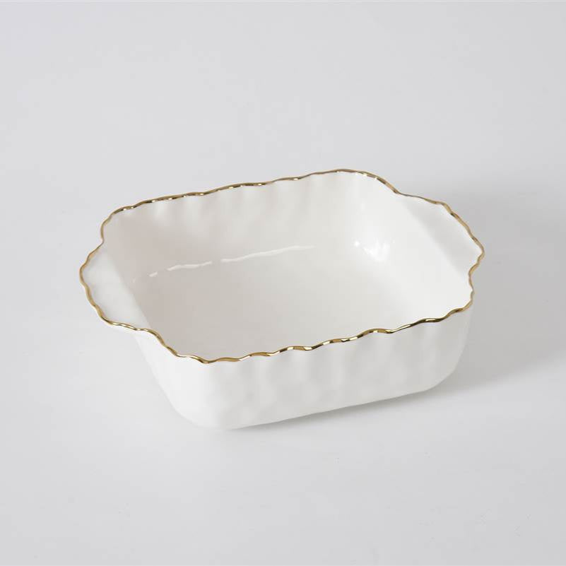 The PAMPA BAY Portofino Square Baker is a white porcelain baking dish with scalloped edges and a thin gold trim, shown on a plain white background.