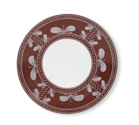 Round Sevilla Dinnerware Brown Limoges porcelain dinner plate with a white center and a brown rim decorated with a repetitive light grey floral pattern.