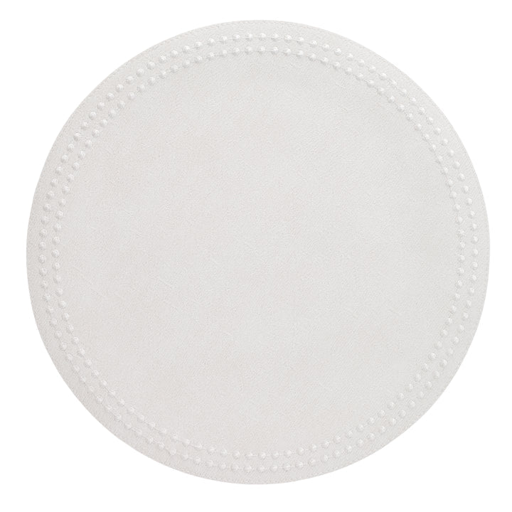 The Pearls Round Placemat Set of 4 by Bodrum features round, white, phthalate-free vinyl placemats with a subtle textured surface and a raised dotted border pattern around the edge.