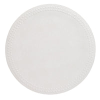 The Pearls Round Placemat Set of 4 by Bodrum features round, white, phthalate-free vinyl placemats with a subtle textured surface and a raised dotted border pattern around the edge.