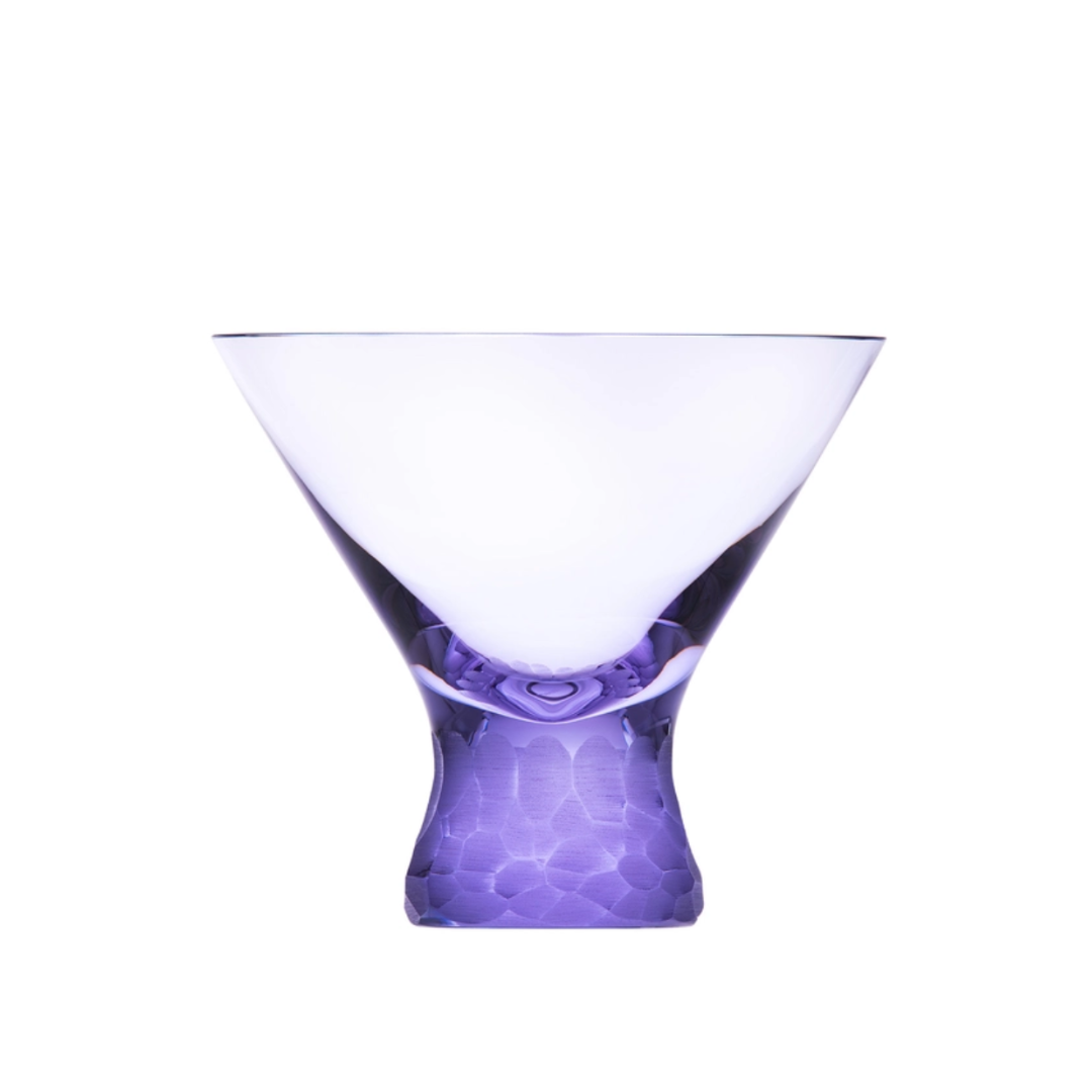 The Moser Pebbles Cocktail Glass 250ml features purple, translucent crystal with a wide, flared rim and textured base, shown against a white background.