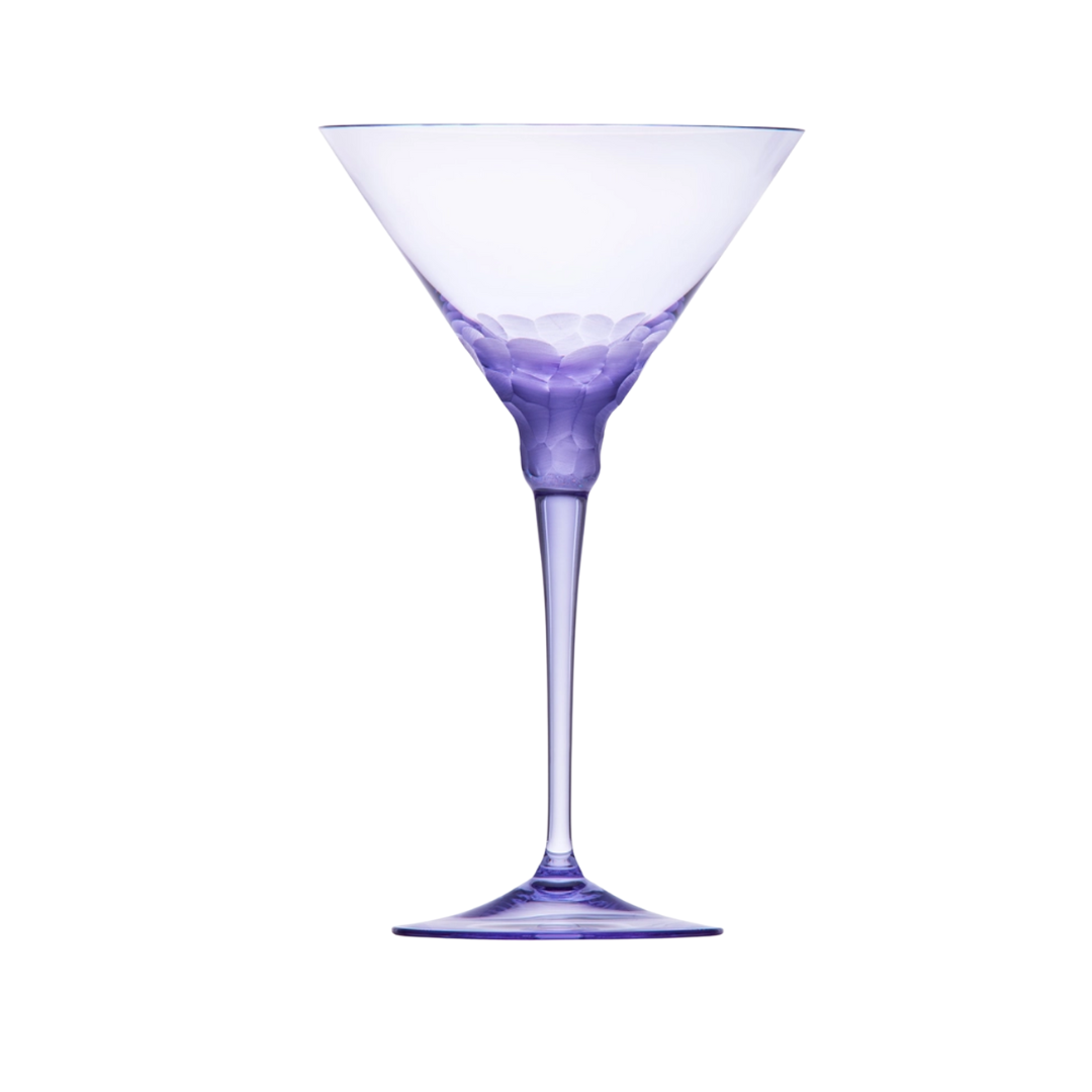 The Moser Pebbles Martini Glass - 260 ml features a transparent crystal design with a tall, slender stem, light purple tint, and a textured pattern near the base of the bowl from the Pebbles Collection.