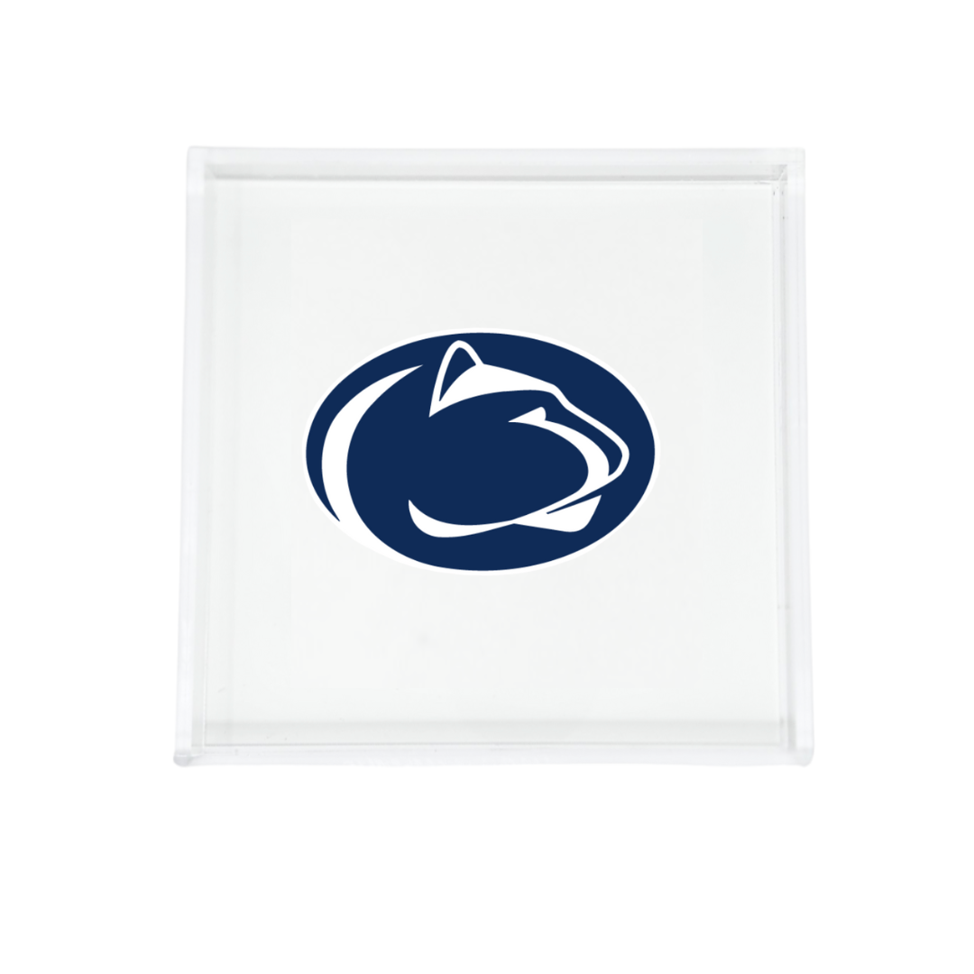 The Eye Candy College Acrylic Catchall Tray features a clear square design with a blue oval logo and stylized white mountain lion head, representing Penn State University—an ideal dorm accessory for any plain white surface.