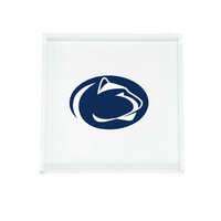 The Eye Candy College Acrylic Catchall Tray features a clear square design with a blue oval logo and stylized white mountain lion head, representing Penn State University—an ideal dorm accessory for any plain white surface.