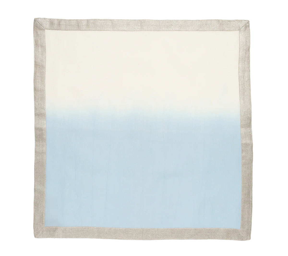 The Kim Seybert Dip Dye Napkins - Cool Tones (Set of 4) feature a square shape with a light gray border and a gradient design that fades from white at the top to light blue at the bottom.