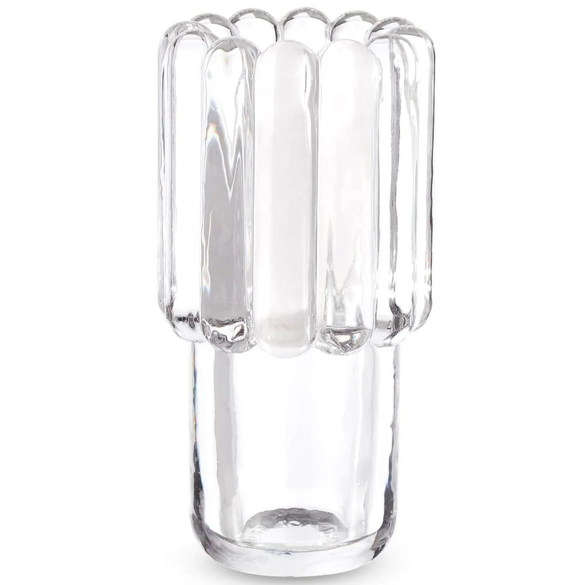 Transparent Tom Dixon Press Vase Medium featuring a cylindrical base and a wider, vertically ribbed top.