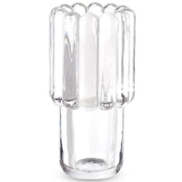 Transparent Tom Dixon Press Vase Medium featuring a cylindrical base and a wider, vertically ribbed top.