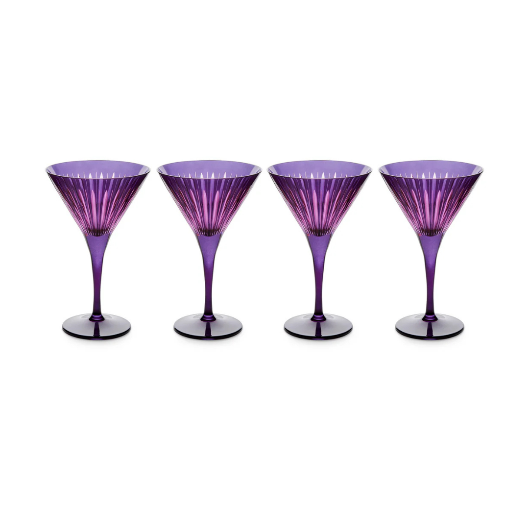 The Prism Martini Set of 4 by L'Objet features purple fluted glasses, beautifully arranged on a white background, perfect for adding bold color to your glassware collection.