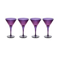 The Prism Martini Set of 4 by L'Objet features purple fluted glasses, beautifully arranged on a white background, perfect for adding bold color to your glassware collection.