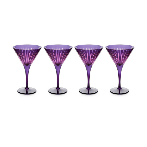 The Prism Martini Set of 4 by L'Objet features purple fluted glasses, beautifully arranged on a white background, perfect for adding bold color to your glassware collection.