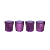 The Prism DOF Set of 4 by L'Objet features short, round purple glasses with vertical ribbed patterns, lined up against a white background to highlight their bold and striking design.