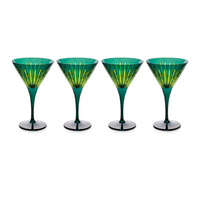 The Prism Martini Set of 4 by L'Objet features four green hand-cut glasses with flared rims, long stems, and a radiant yellow-green pattern inside each bowl, all displayed side by side on a white background.