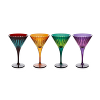The Prism Martini Set of 4 by L'Objet features bold red, orange, green, and purple glasses with ribbed, radiating patterns, creating a striking glassware collection displayed side by side on a white background.