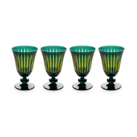 The Prism Wine Glass Set of 4 by L'Objet features green and yellow striped goblets with dark bases, arranged in a row against a white background for a vibrant addition to any glassware collection.
