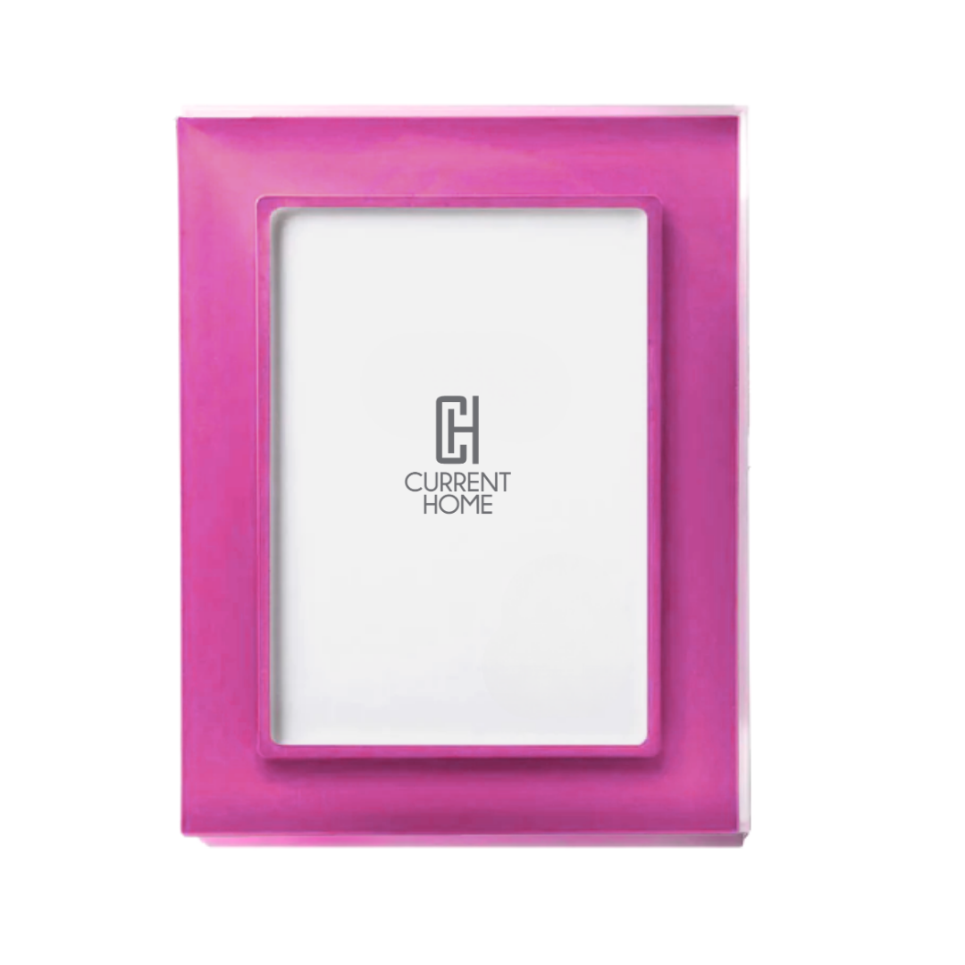 The Prisma Frame - Fuchsia by Bella Moulding is a rectangular pink picture frame with a glossy finish, UV-filtering glass, and a placeholder insert showing the Current Home logo in gray on white.