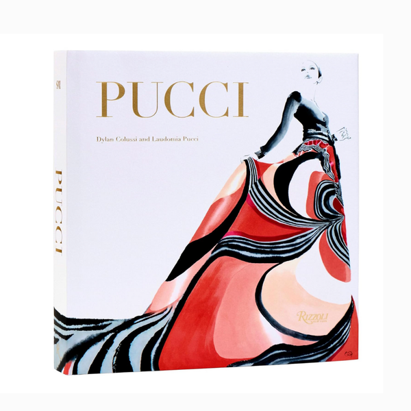 Pucci: The Art of Fashion by Rizzoli features a vibrant illustration of a woman in an iconic Pucci patterned dress on the cover, celebrating the history and artistry of the legendary fashion brand.